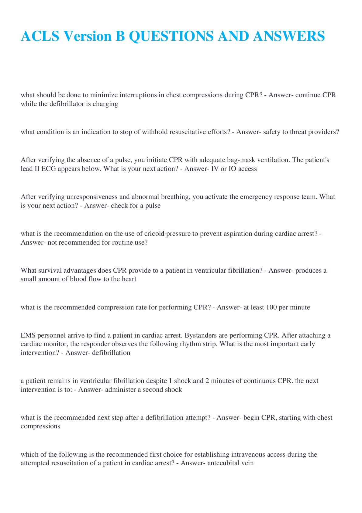 Preview image of ACLS Version B QUESTIONS AND ANSWERS document